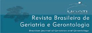 Logo Revista Brasileira de Geriatria e Gerontologia. Letras brancas em um fundo azul.
